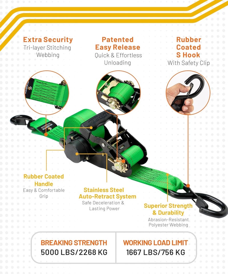 Strapinno Retractable Ratchet Tie-Down Straps,5,000 lbs Breaking Strength- 2 in x 12 ft Heavy Duty Ratchet Strap with Safety Lock S Hooks for Motorcycles, ATVs, UTVs, Lawn Equipment & Cargo (Green) - Image 2